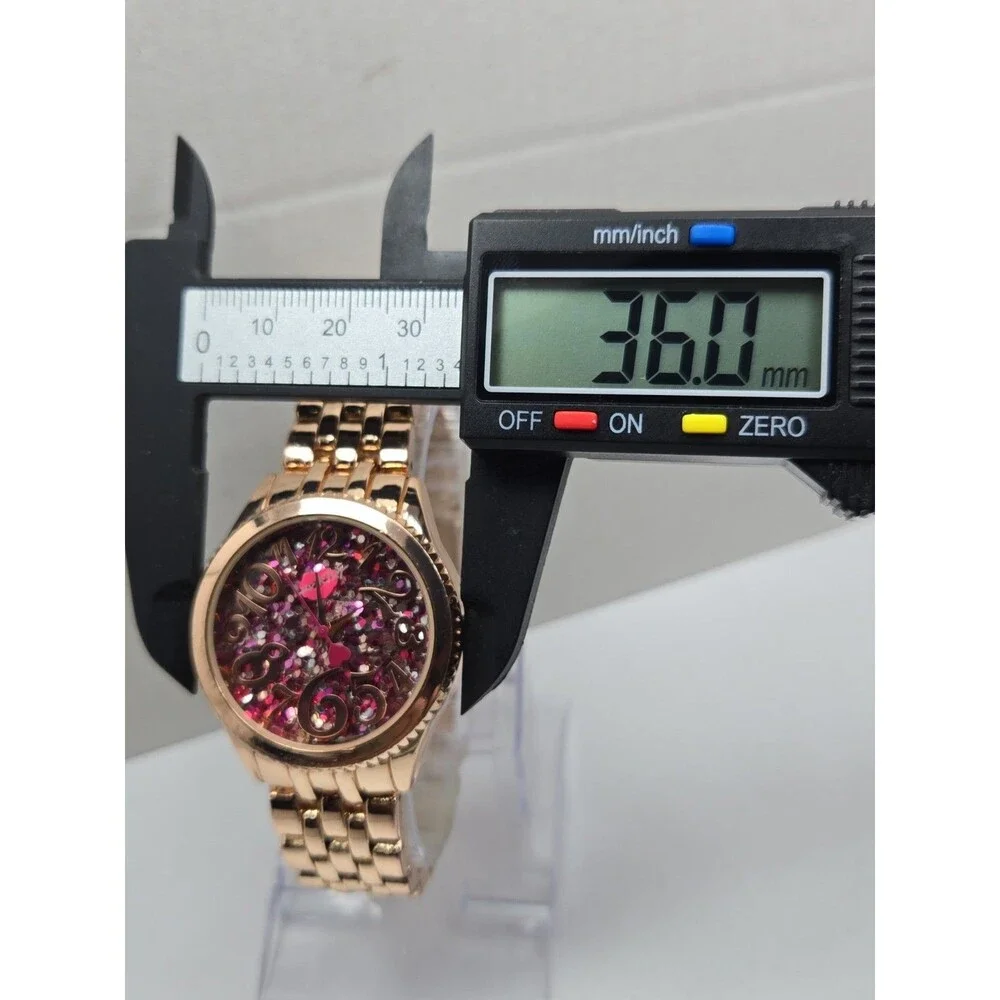 Womens Luv Betsey Johnson Pink Glitter Confetti Rose Gold 36mm Watch New Battery